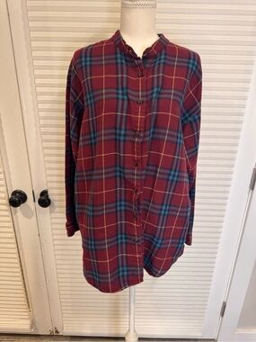 L.L.Bean Burgundy and Teal Plaid Button-Up with Yellow Accents 0985